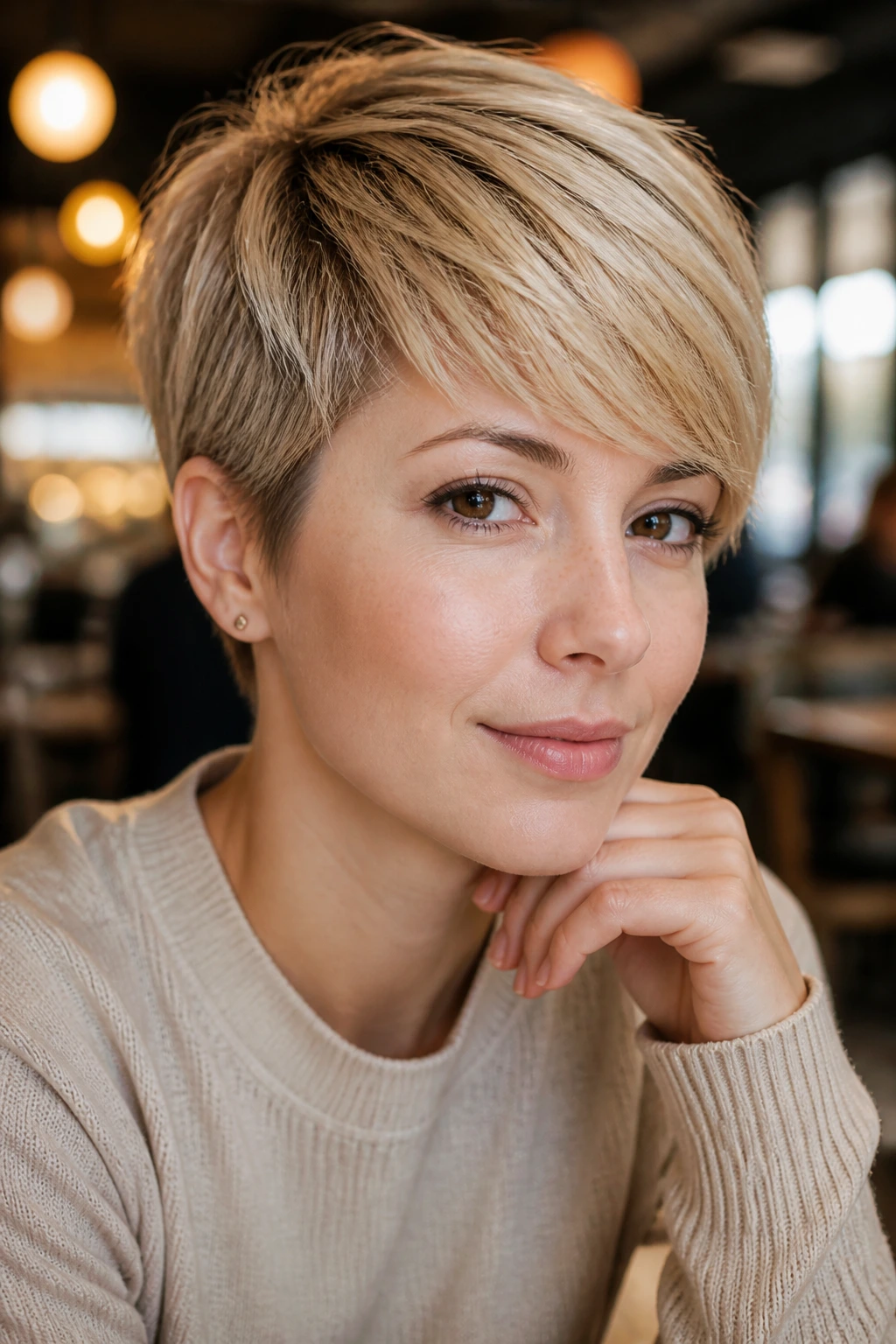 Close-up of a woman with a side-swept wheat blonde pixie