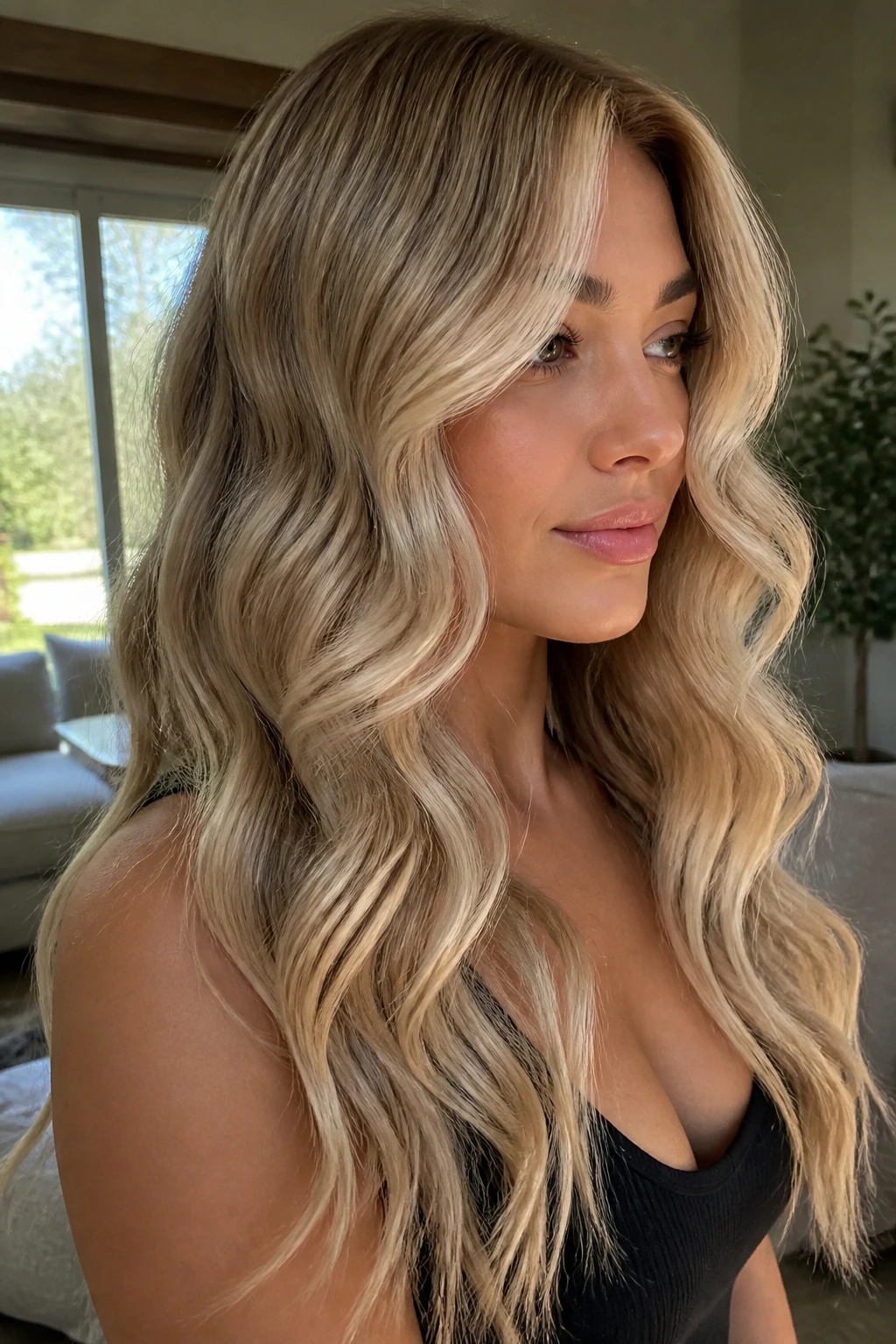 Close-up of a real person with warm wheat blonde and S-curled waves
