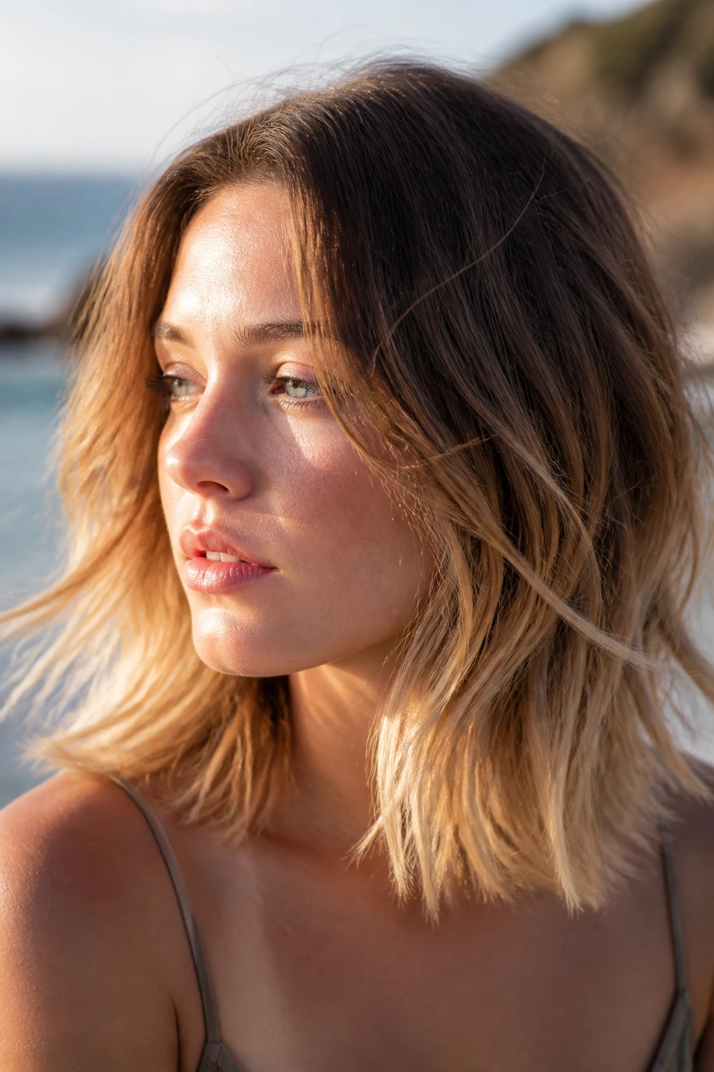 Close-up portrait of a woman with wheat blonde tips on ends, pale skin, sunlit beach backdrop