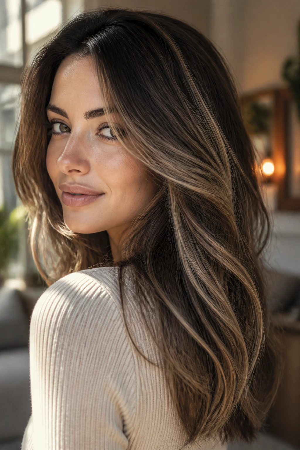 Portrait of a real woman with wheat blonde veil over espresso brown hair in soft sunlight