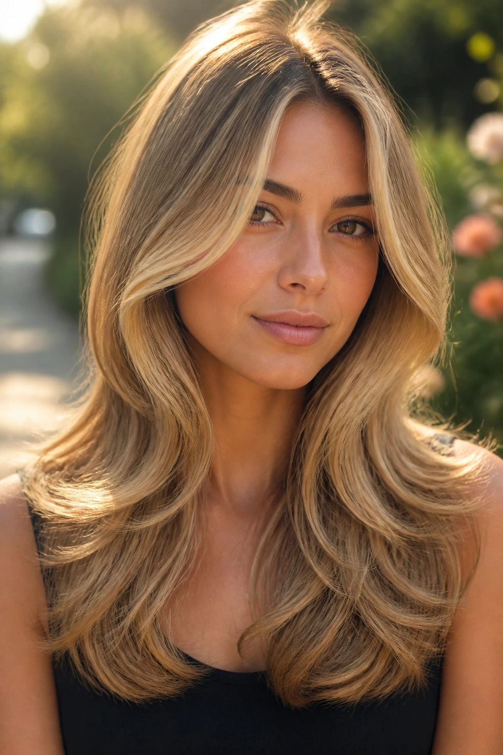 Close-up of a real woman with wheat-and-honey butterfly layers in golden hour light