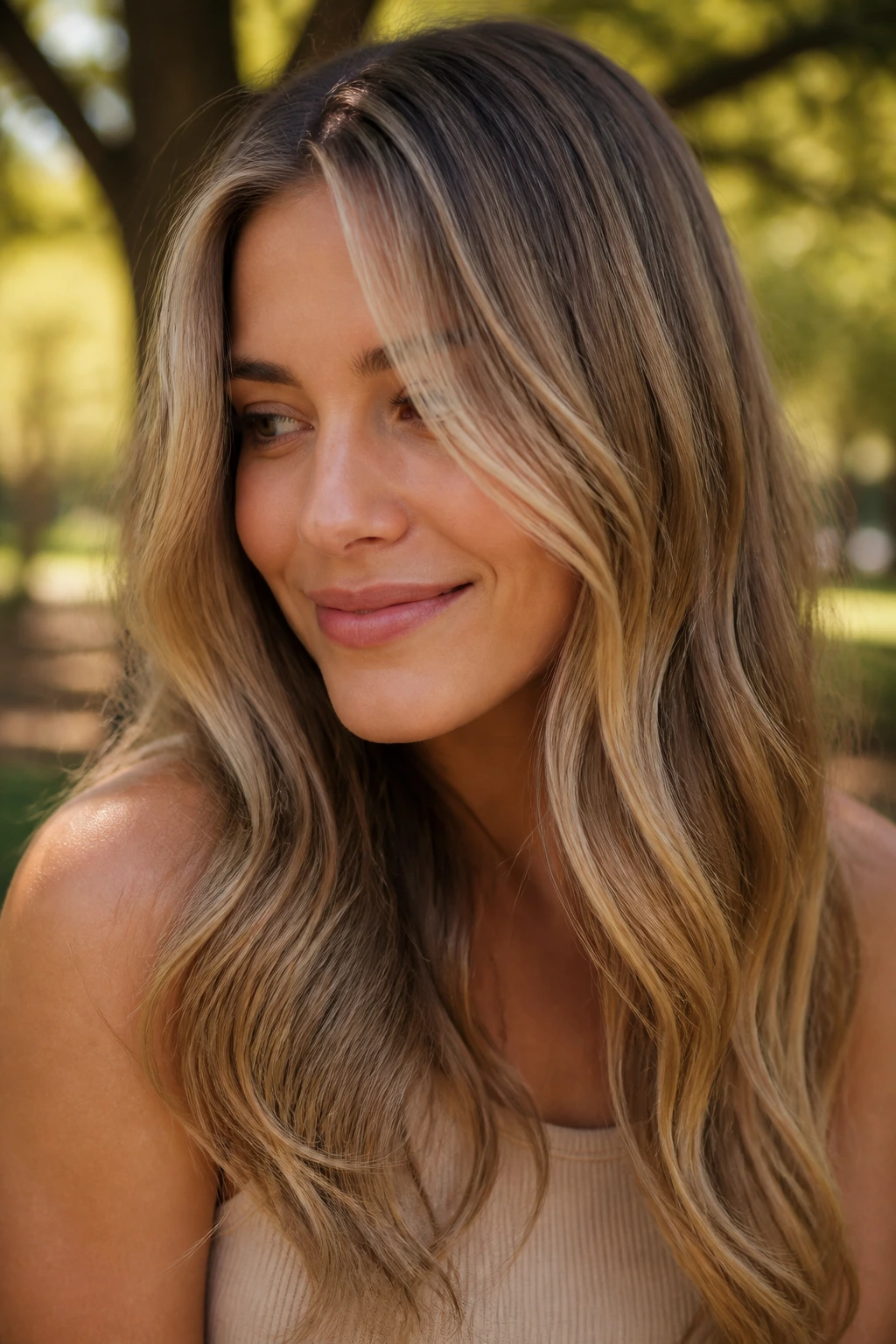 Close-up of a real person with wheat honey highlights in natural outdoor light.