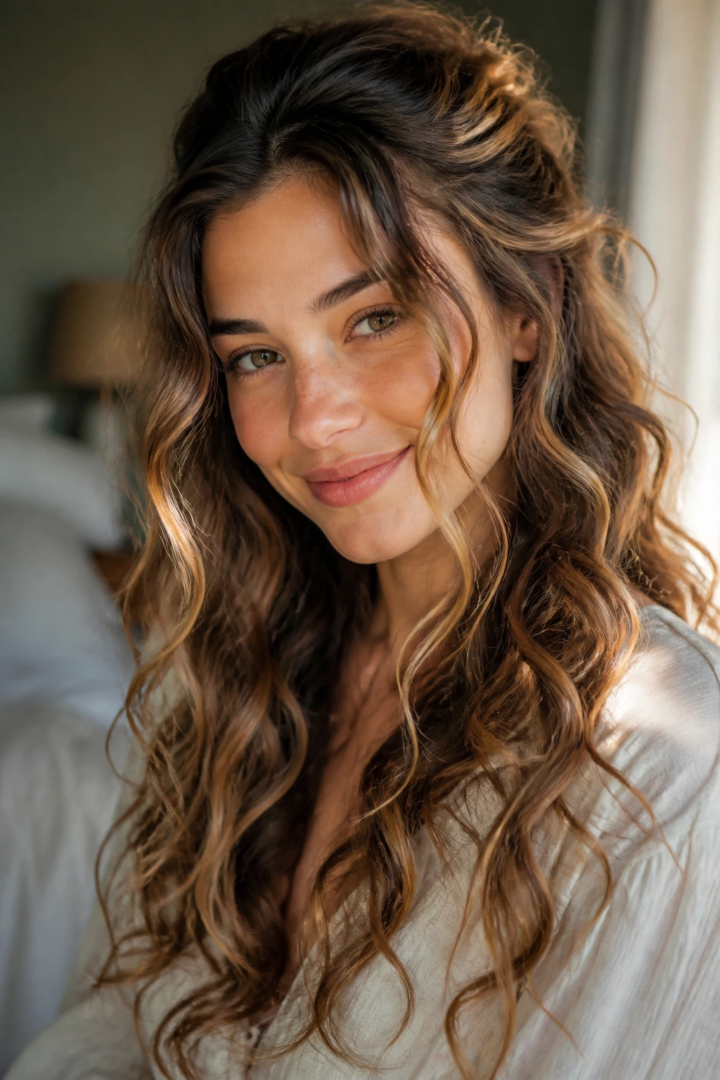 Close-up of a real woman with whimsical loose curls in warm light