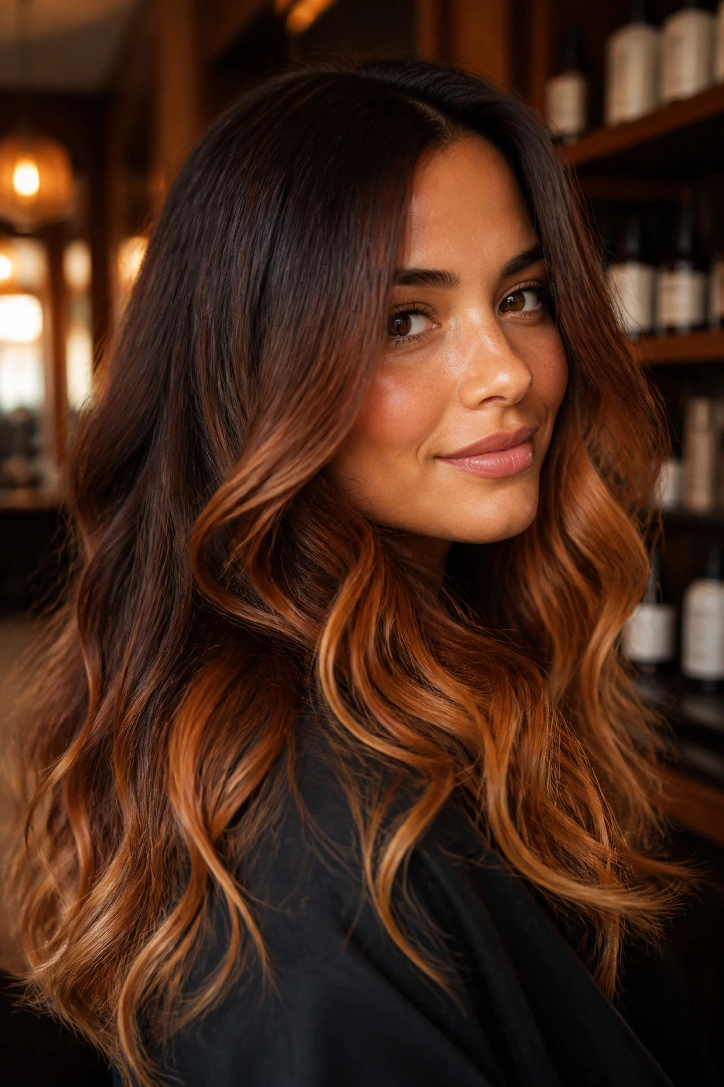 Portrait of a real person with warm whiskey gradient hair from roots to copper in a cozy salon