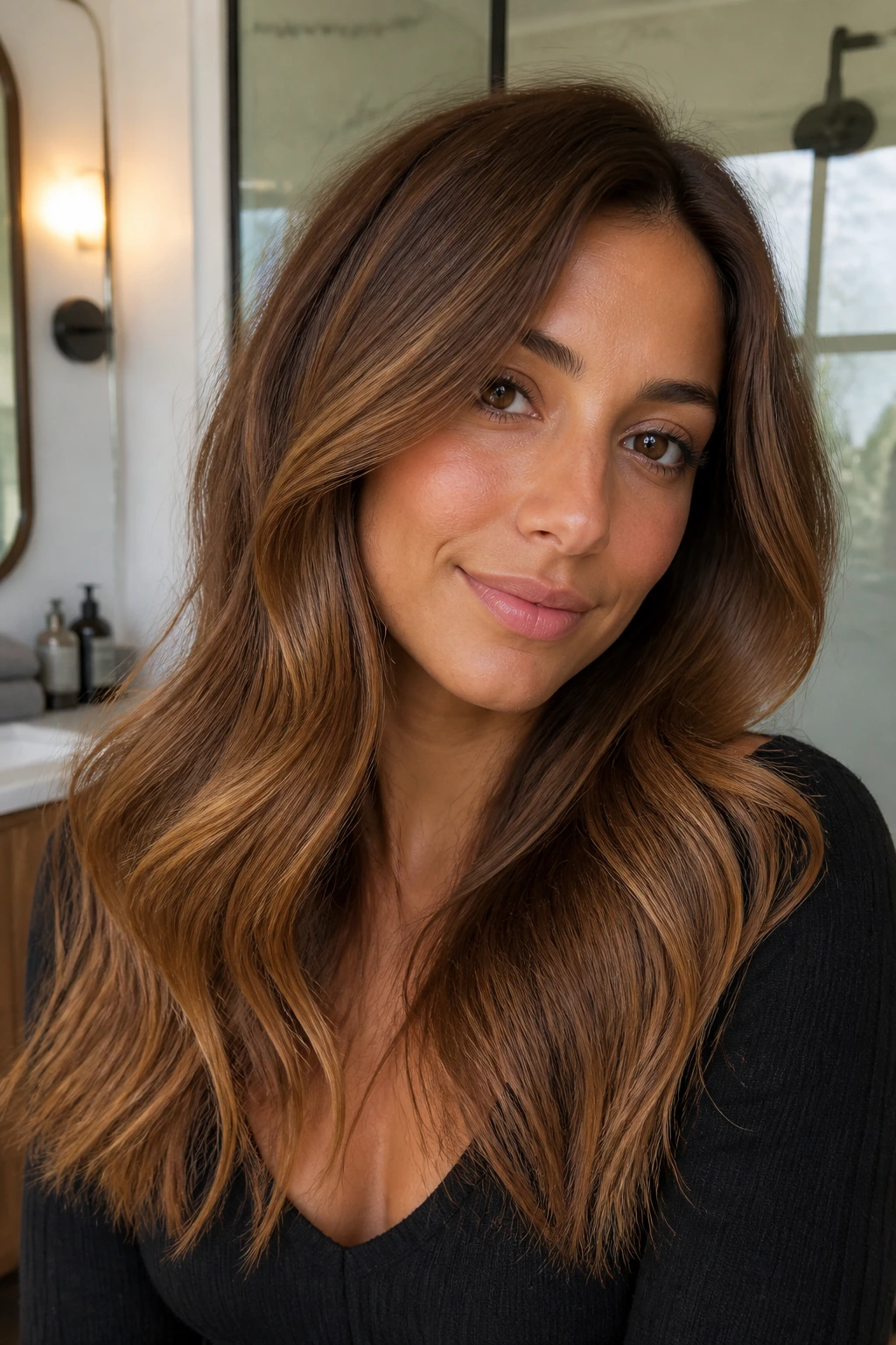 Close-up of a real person's whiskey hair color with brown roots, caramel highlights, and amber ends.