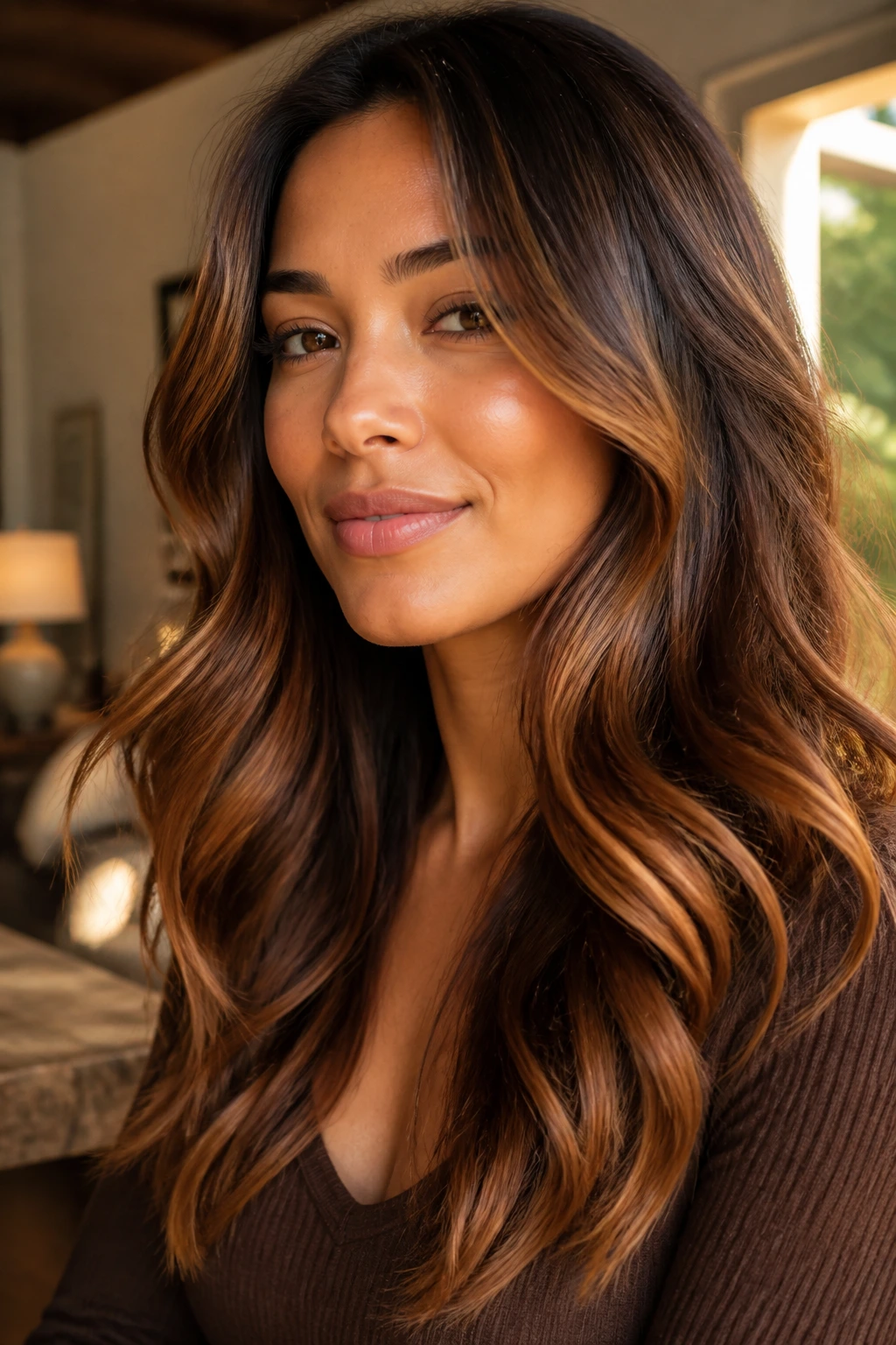 Close-up portrait of a real person with warm skin and whiskey-toned hair showing amber highlights