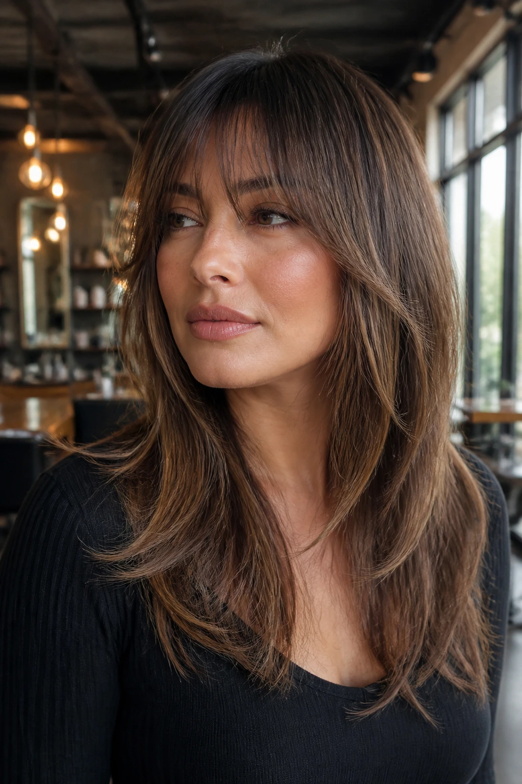 Close-up portrait of a real woman with whiskey layers framing the face