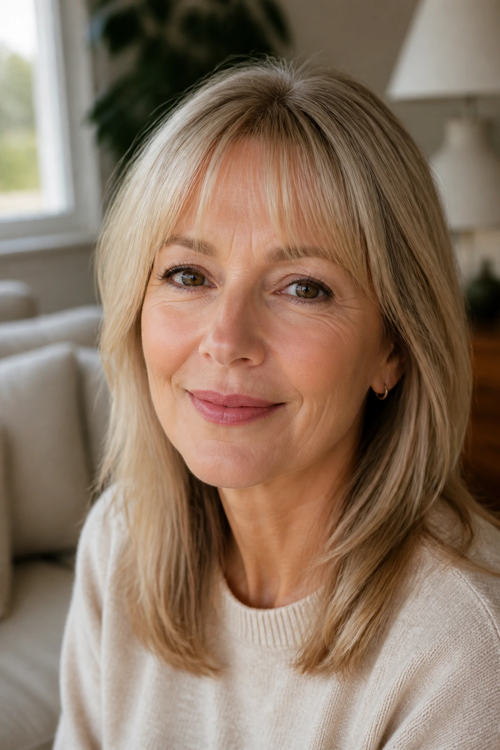 Close-up of a real woman with a barely-there fringe in a softly lit room