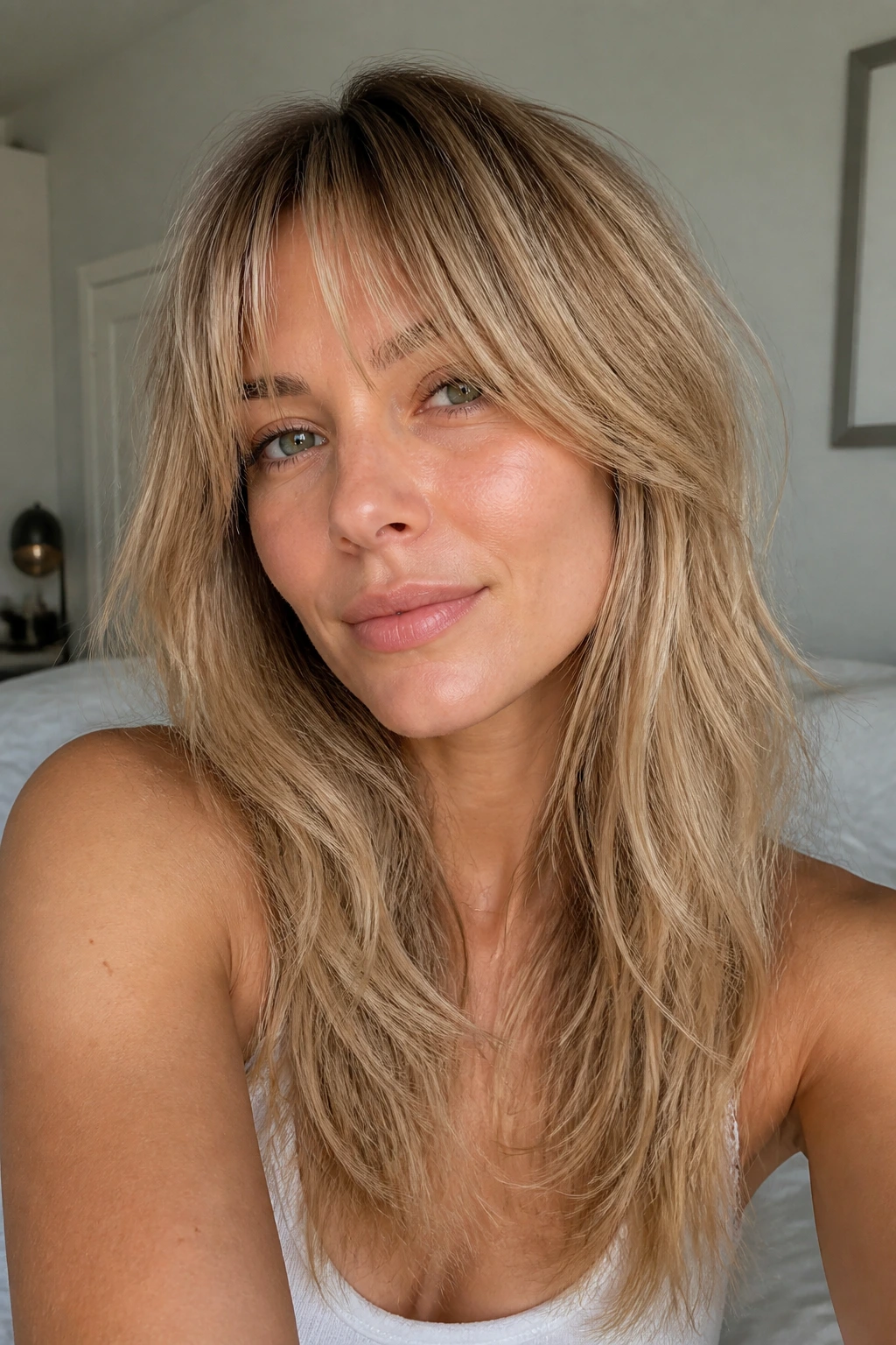 Close-up of a real woman with whisper layers for fine hair in soft daylight