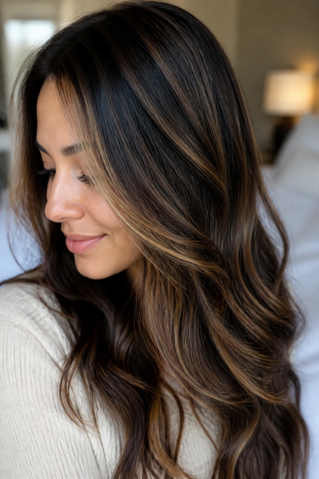 Close-up of a woman with fine caramel ribbons through crown and sides of dark hair.