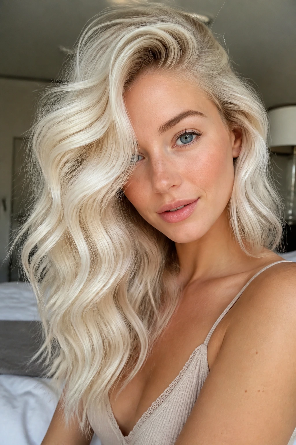 Close-up of a real woman with white-blond S-waves and deep side part
