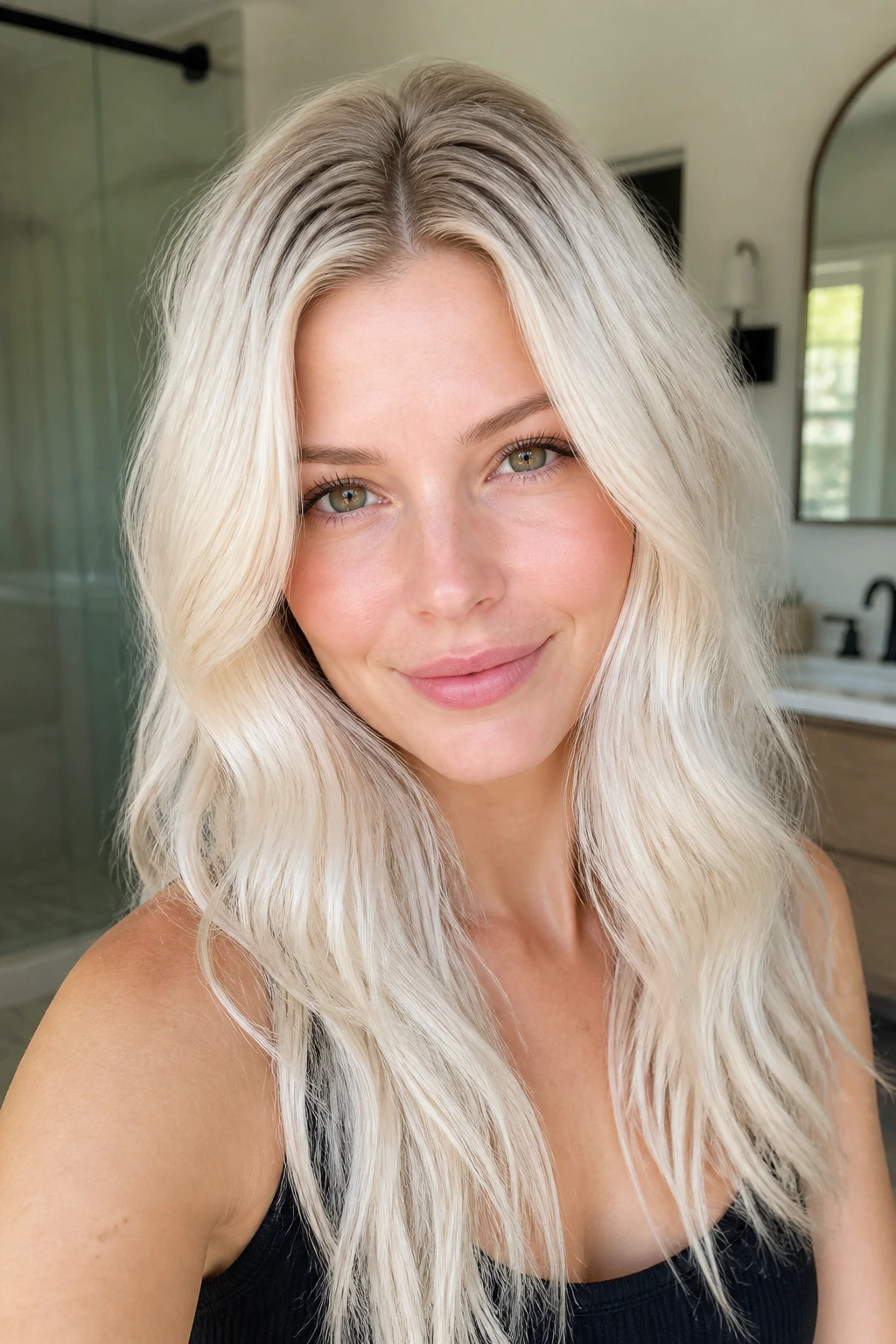 Close-up portrait of white blonde hair with beige root smudge