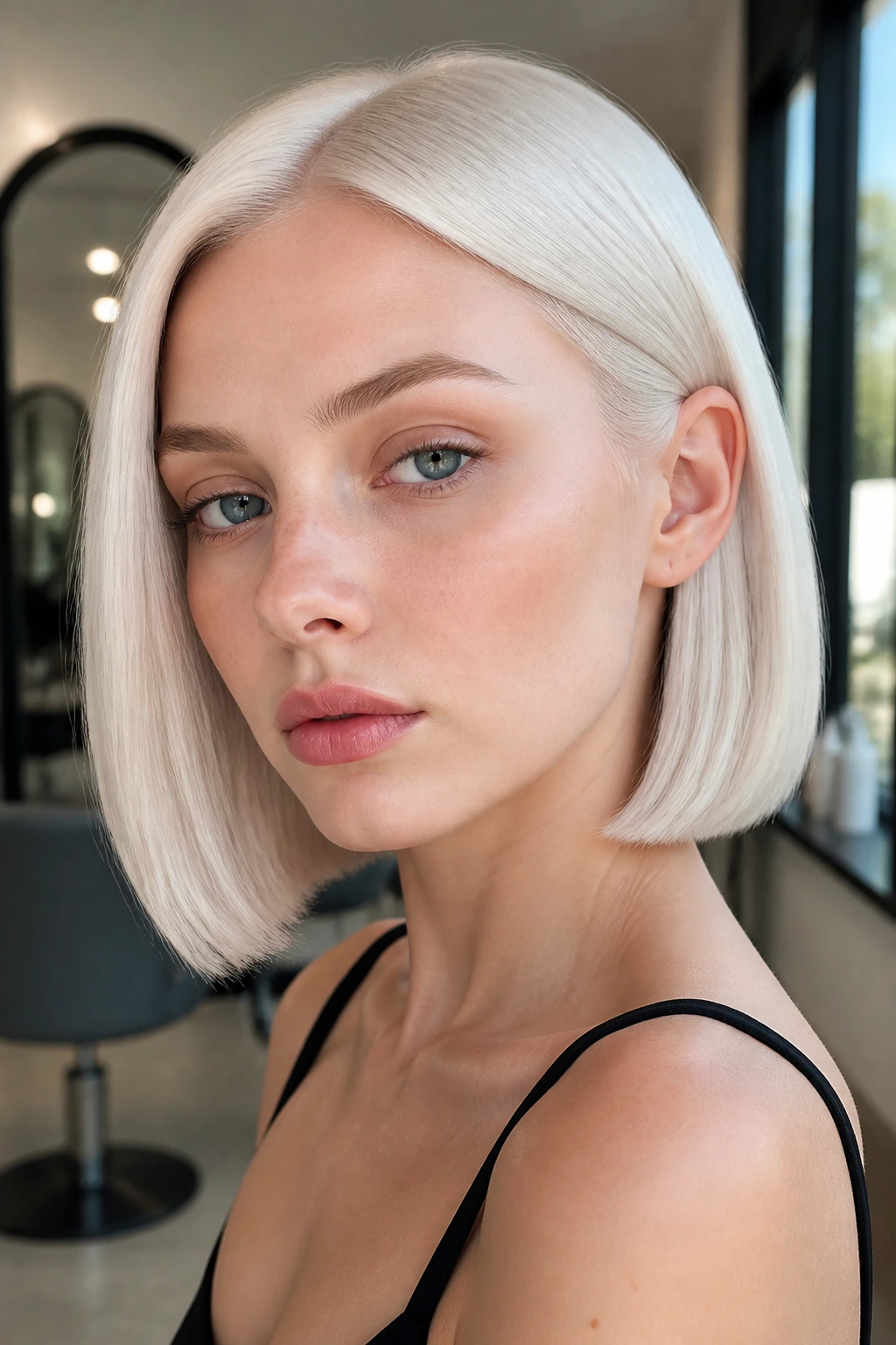 Close-up portrait of a real woman with a glossy white-blonde bob and a sharp blunt edge.