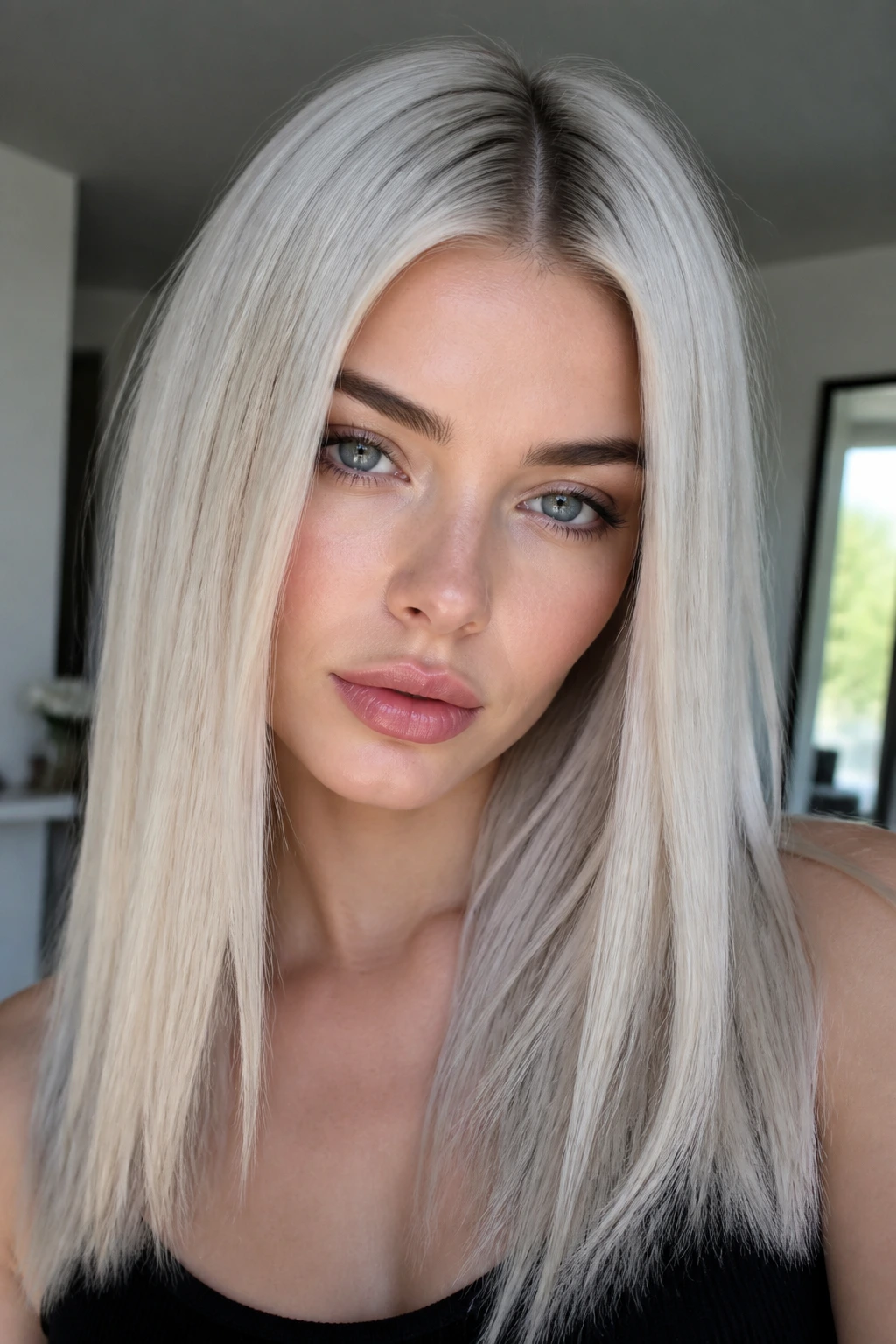 Close-up portrait of a real person with long white-blonde center-parted hair