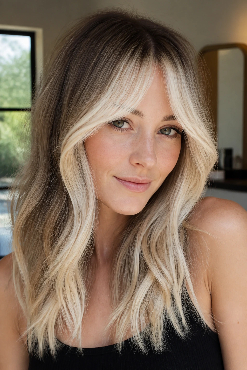 Close-up portrait of a real woman with white blonde face-framing balayage and bottleneck bangs in soft daylight