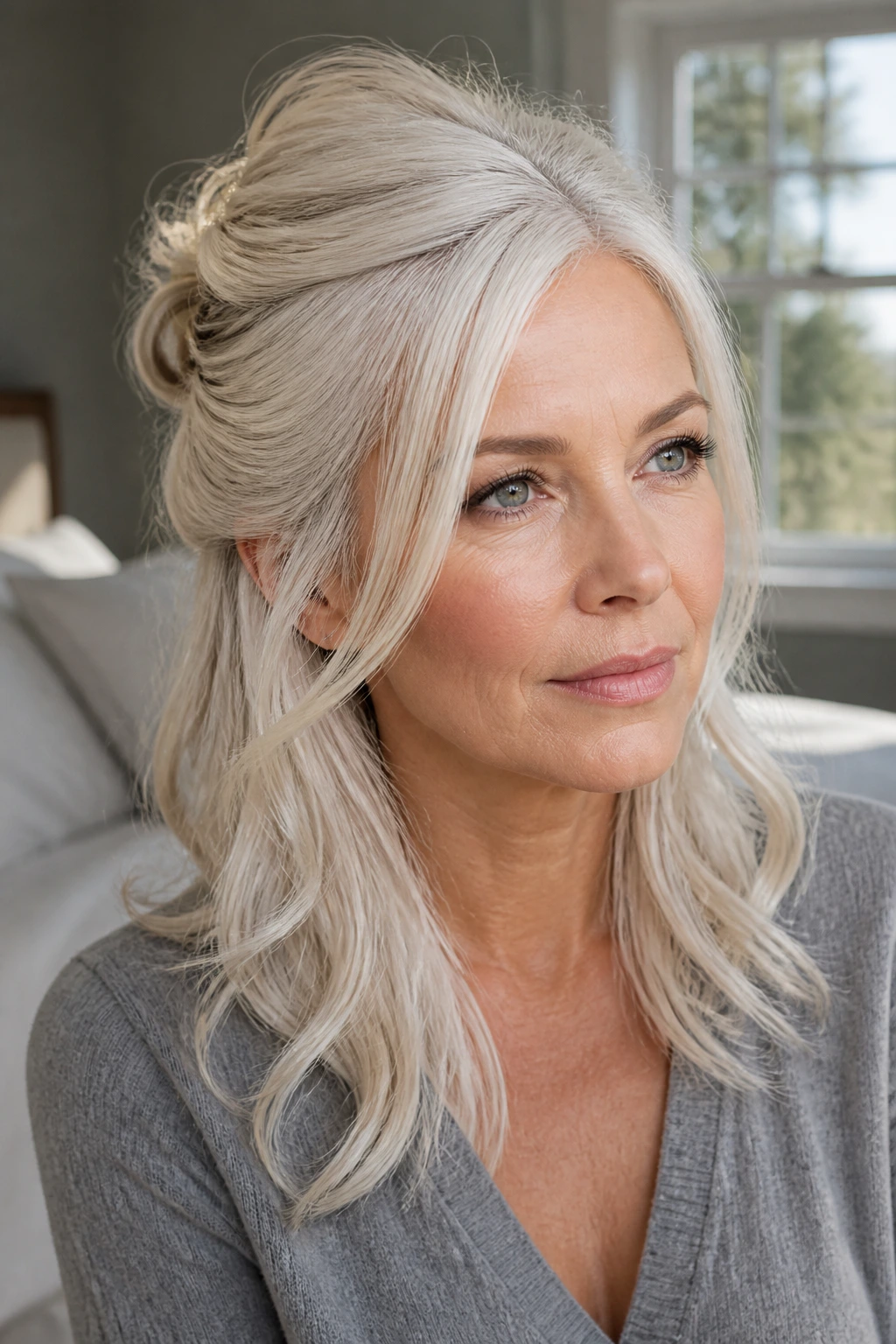 Close-up woman with white-blonde half-up twist in soft window light