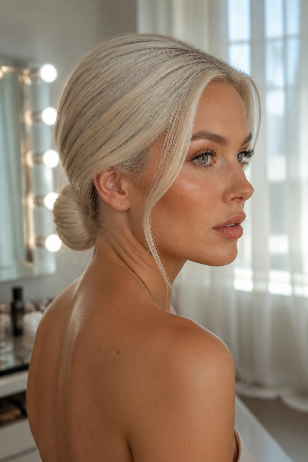 Close-up of a real woman with a white-blonde low bun at the nape, warm skin.