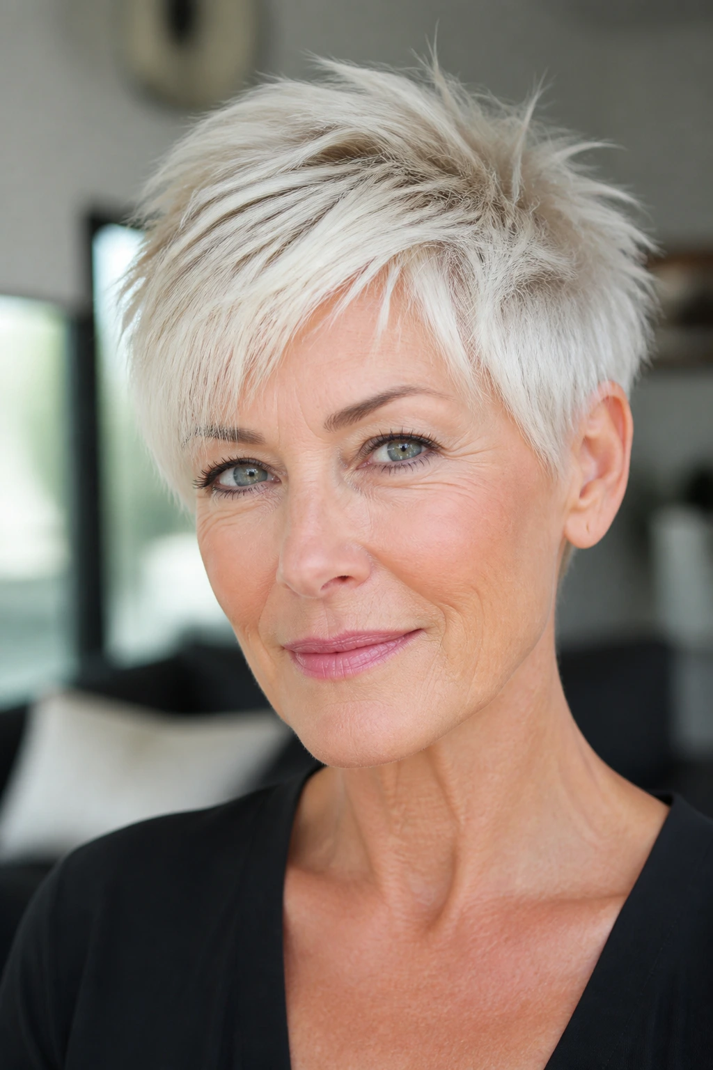 Close-up portrait of a woman with white blonde pixie cut and textured fringe