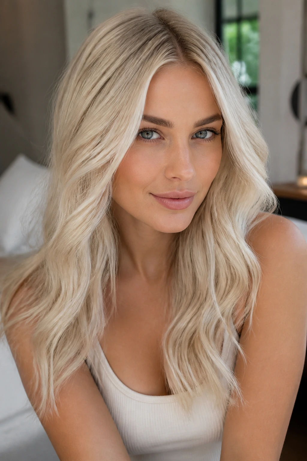 Real woman with white-blonde soft waves under window light