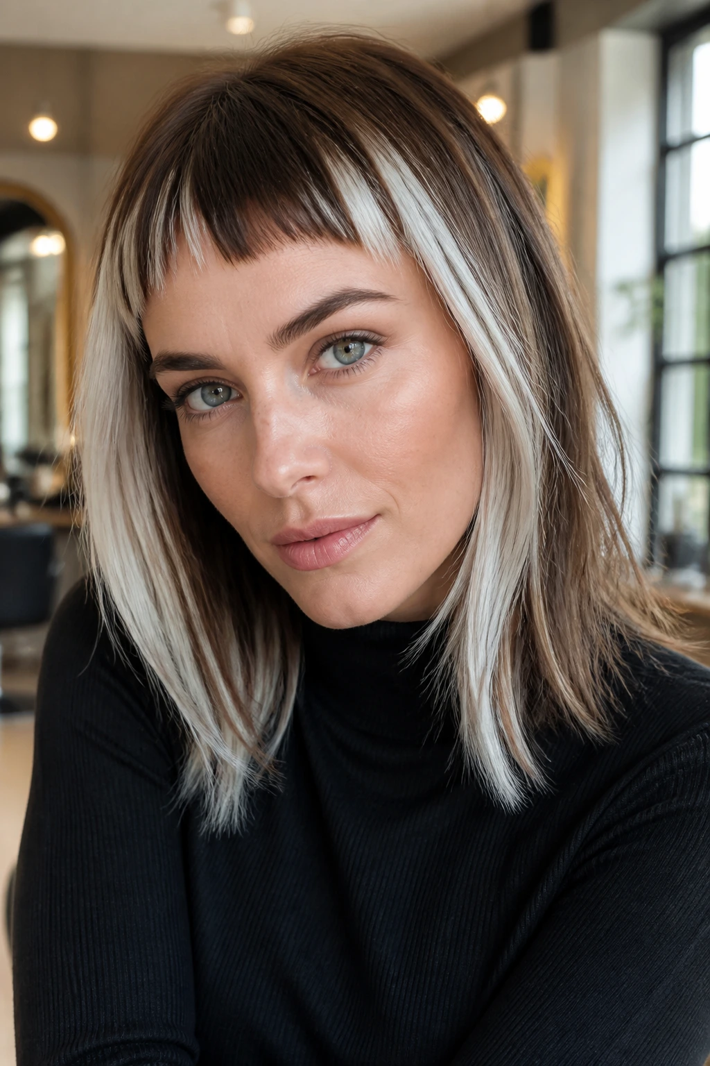 Close-up portrait of a real woman with white-blonde streaks and a micro fringe in a salon setting
