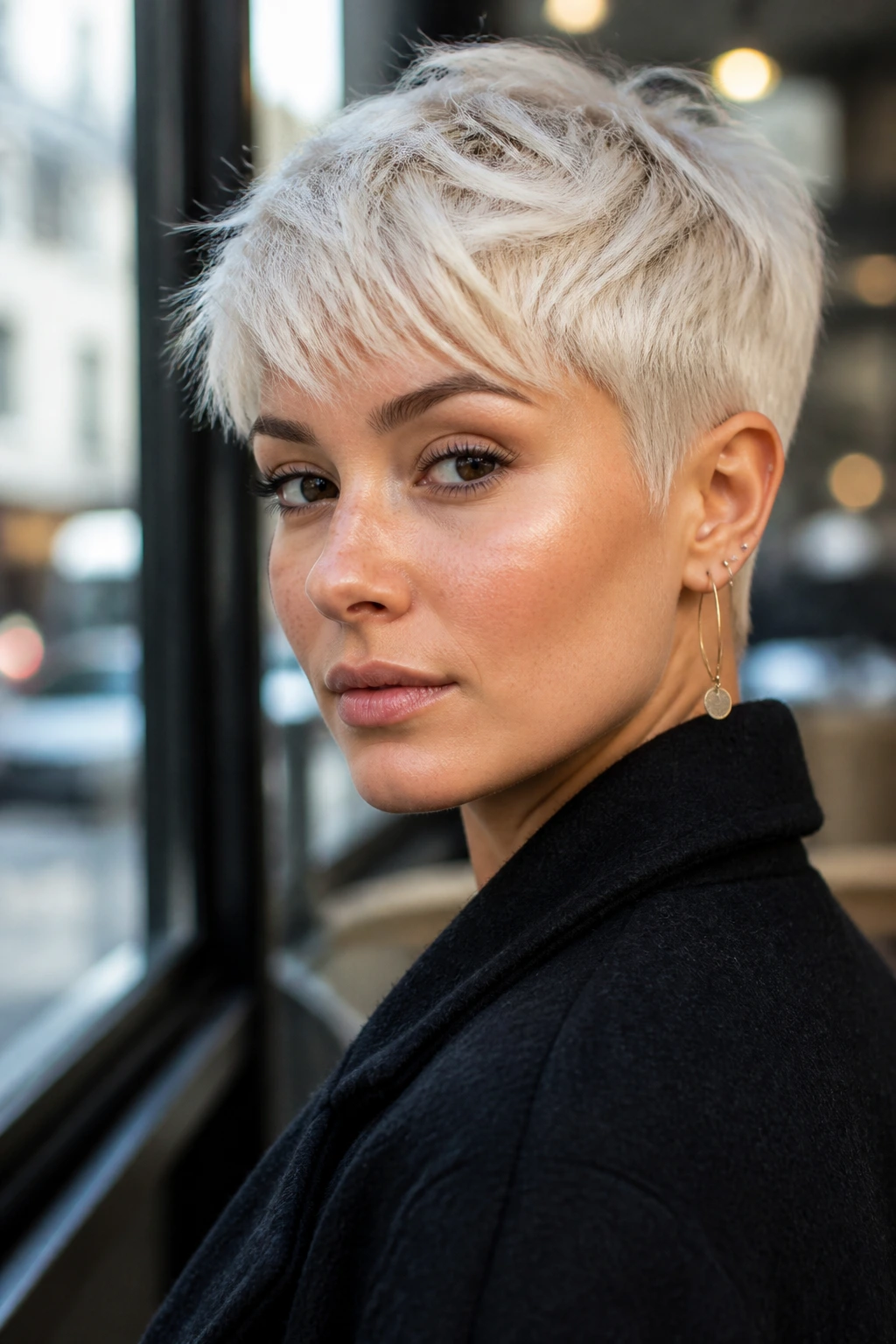 Close-up of a real woman with a white-blonde textured crop and choppy ends
