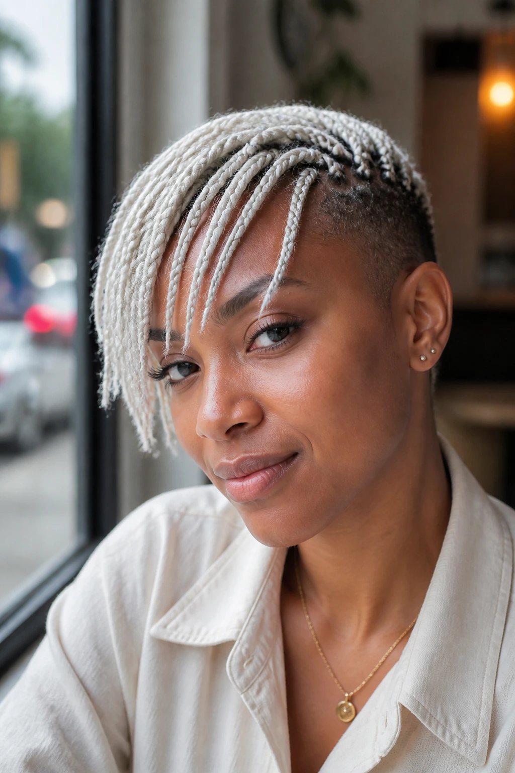 Close-up portrait of a real person with white box braids and a tapered cut