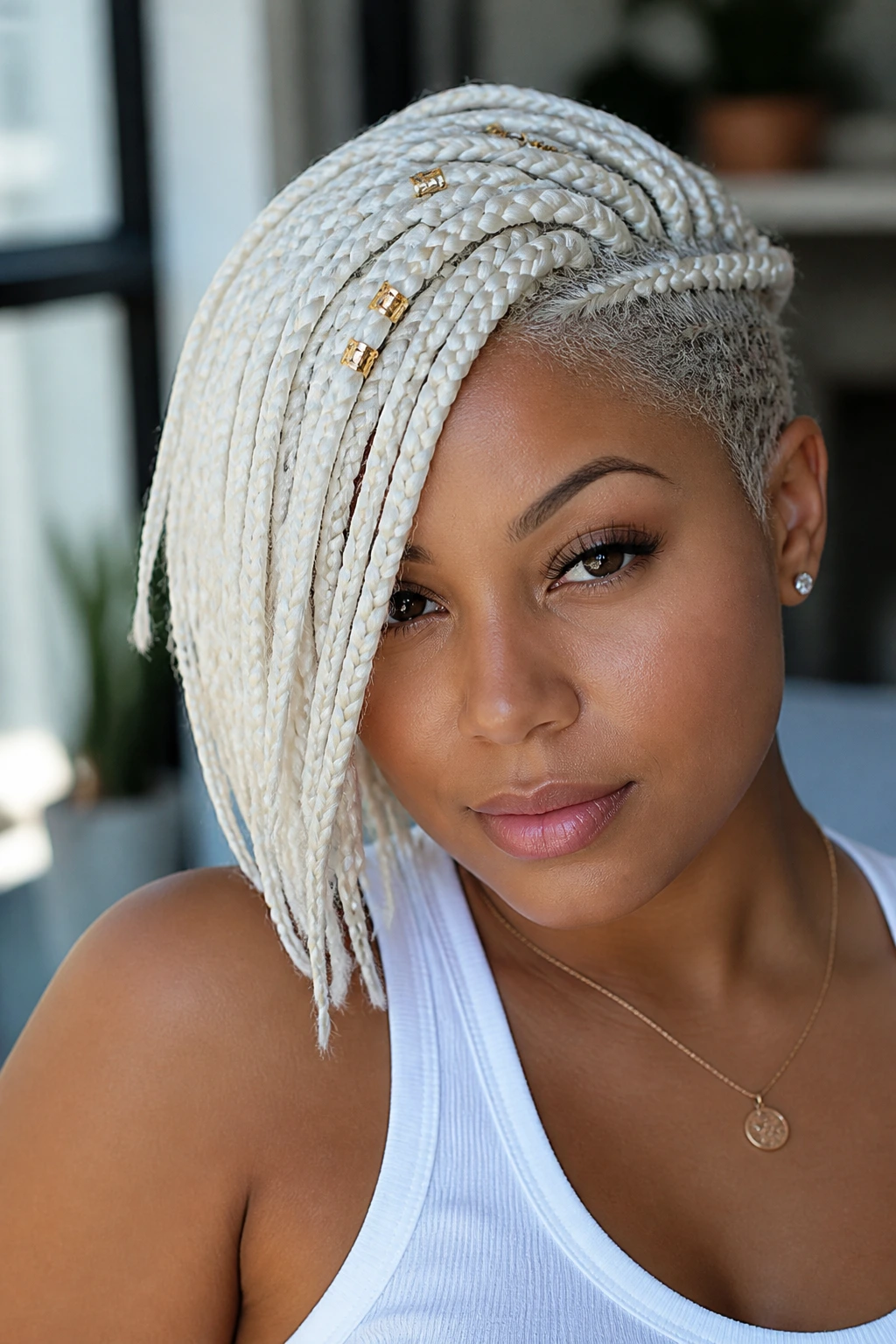 Portrait of a real woman with white braids and gold cuffs, long side sweep.