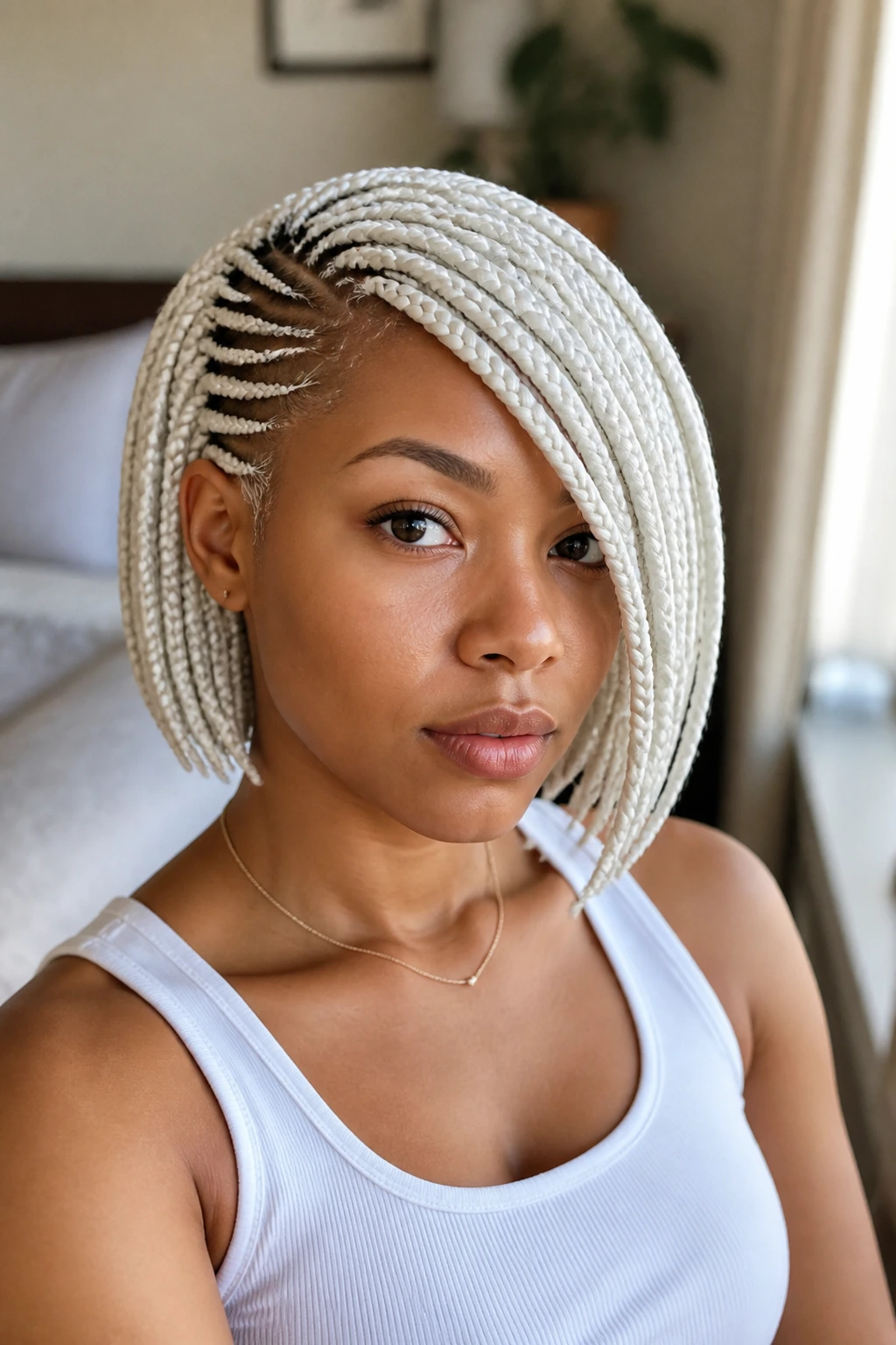 Close-up portrait of a real woman with short white braids and side-swept bangs in a cozy bedroom