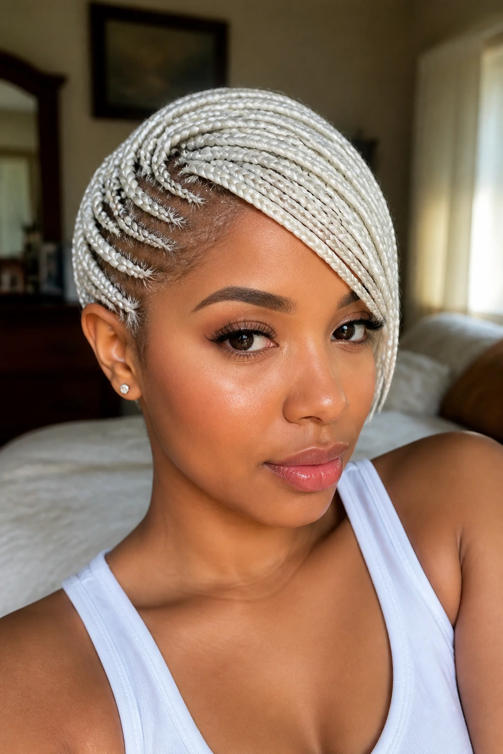 Close-up portrait of a real woman with white braids on short natural hair, side-swept bangs