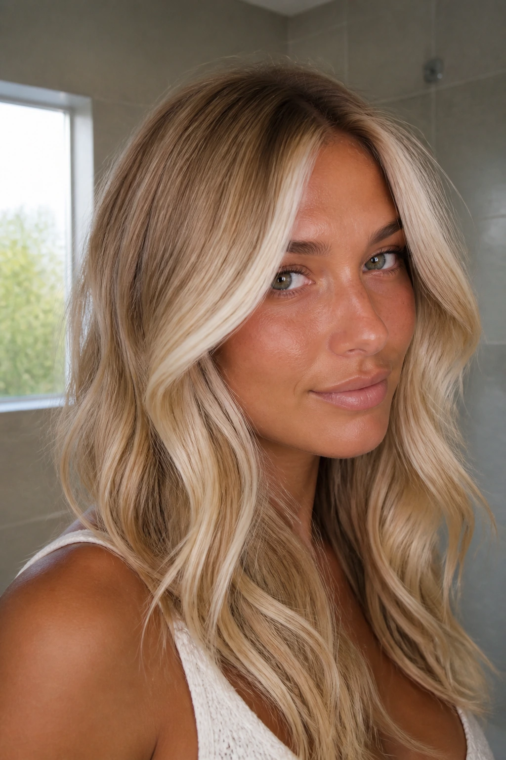 Close-up of a real woman with white-chocolate face frame on tan skin