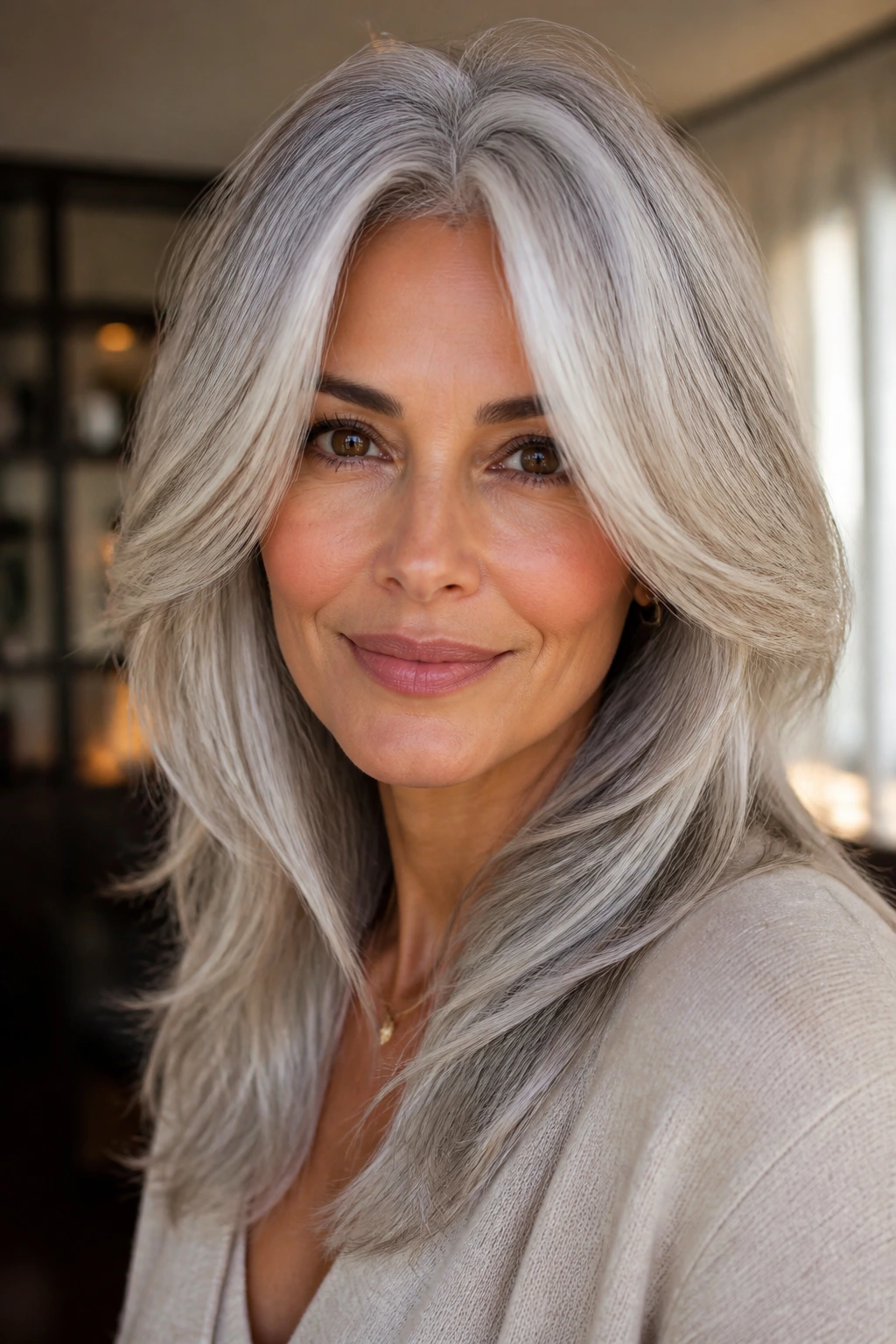 Close-up portrait of a real woman with white-gold balanced silver hair