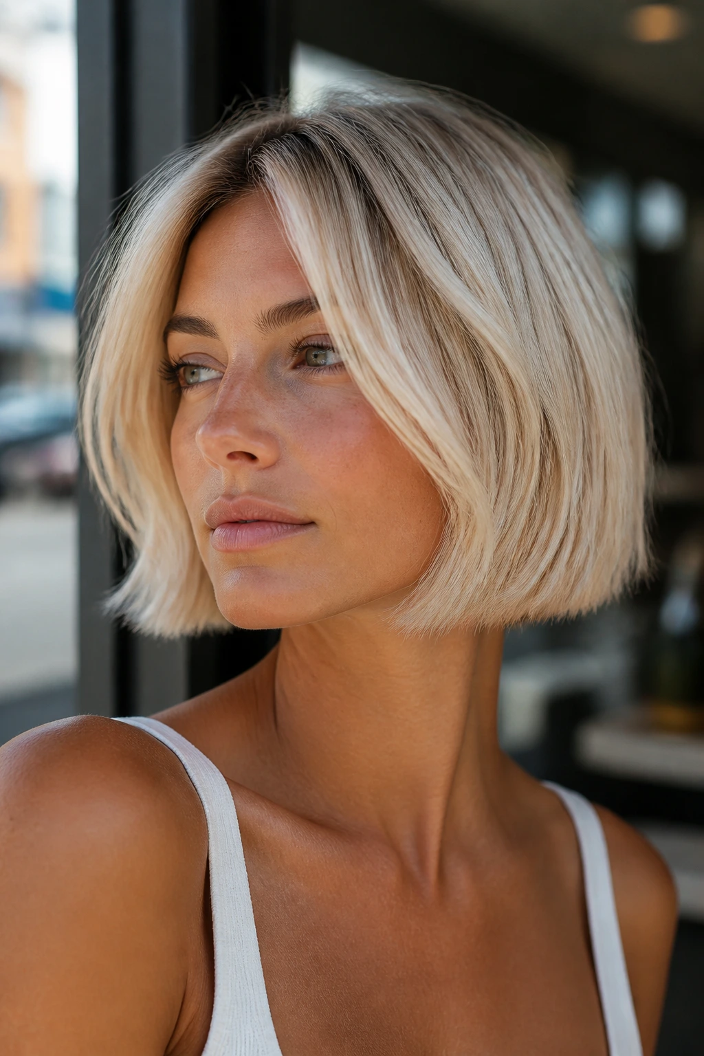 Portrait of a real woman with white gold French bob hairstyle on tan skin