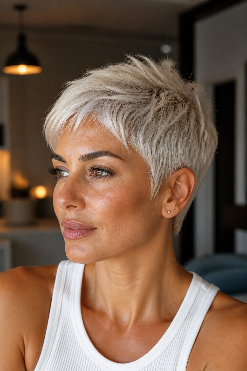Close-up of a real woman with a short textured white-gold crop hairstyle