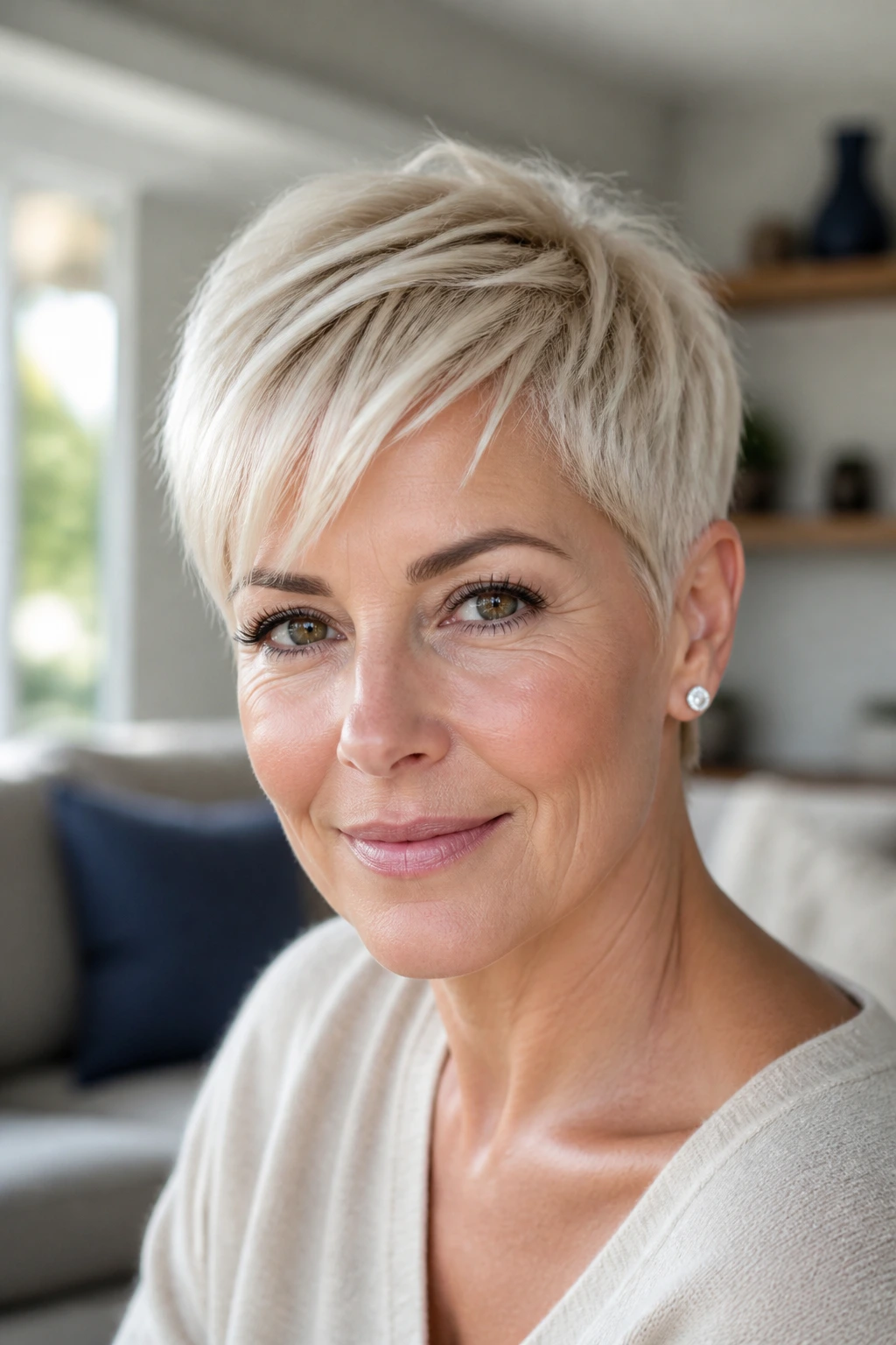 Portrait of a woman with a white-gold pixie cut.