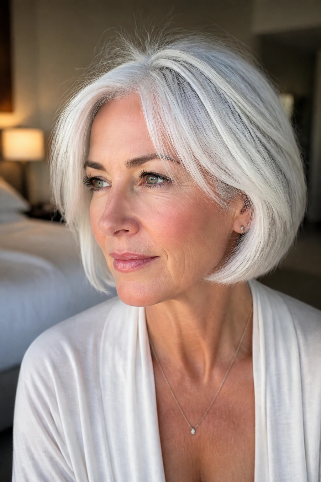 Close-up portrait of a woman with white hair and subtle babylights for depth
