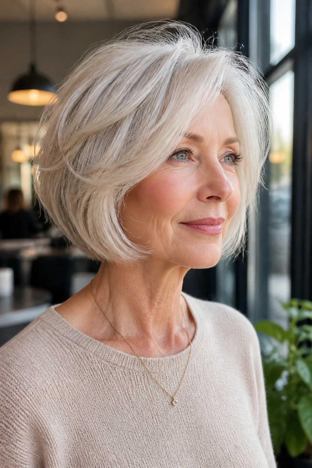 Close-up portrait of a real woman with natural white babylights showing timeless, believable hair looks.
