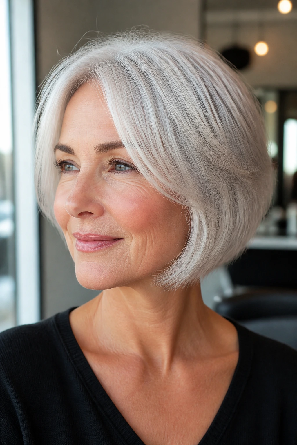 Close-up portrait of a real woman with white hair showing pearl-like finish and subtle babylights