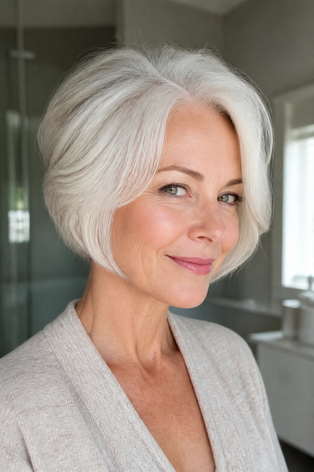 Portrait of a woman with white hair looking freshly styled between washes