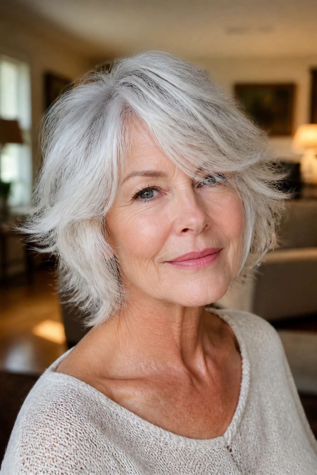 Close-up portrait of a real woman with white hair feathered shag