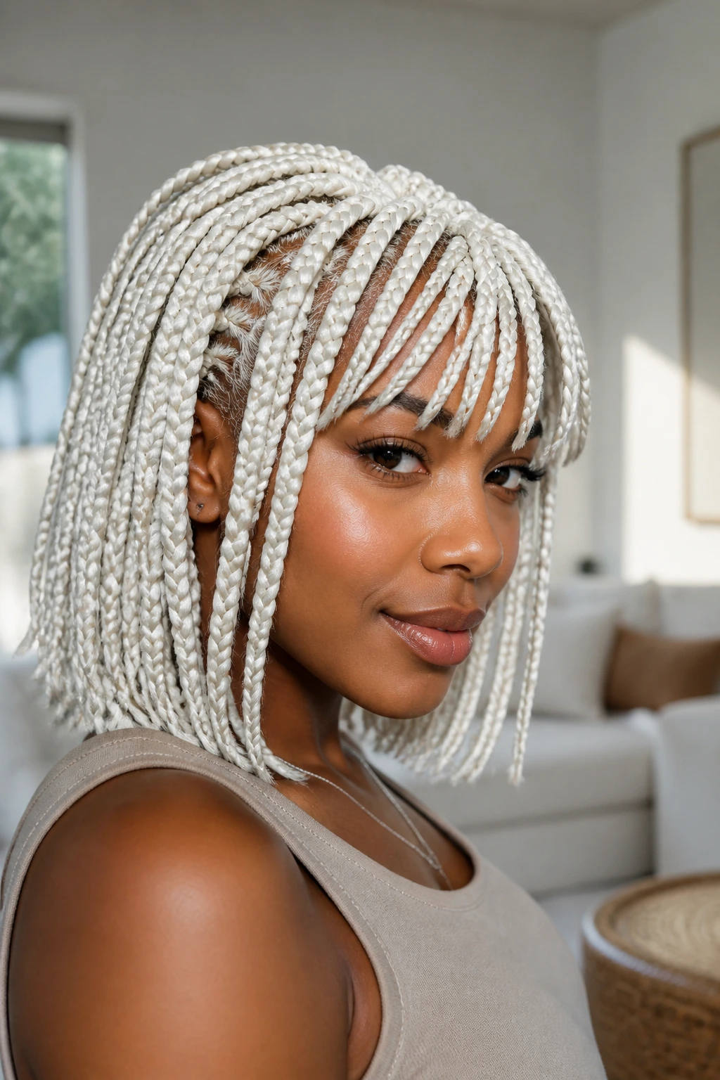Close-up of a real person with white knotless braids and a soft bang.