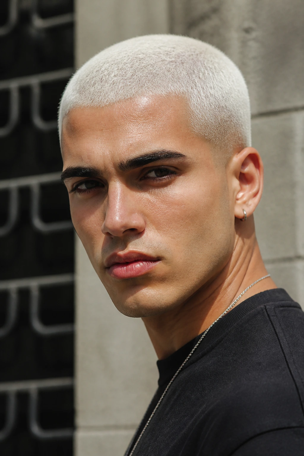 Real-person portrait with a white platinum buzz cut in an urban setting.