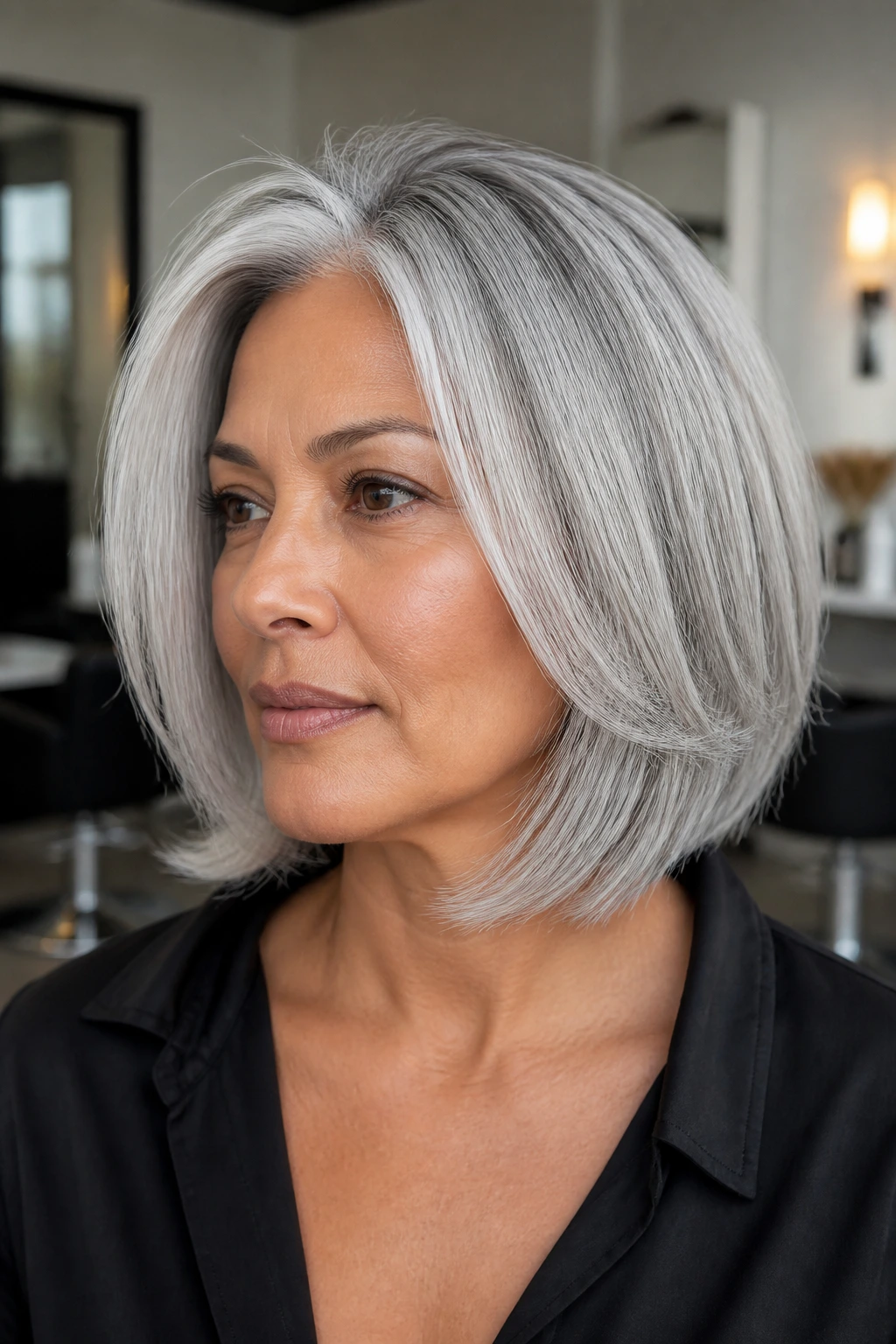 Portrait of a woman with a shaped white-silver haircut showing depth and texture.