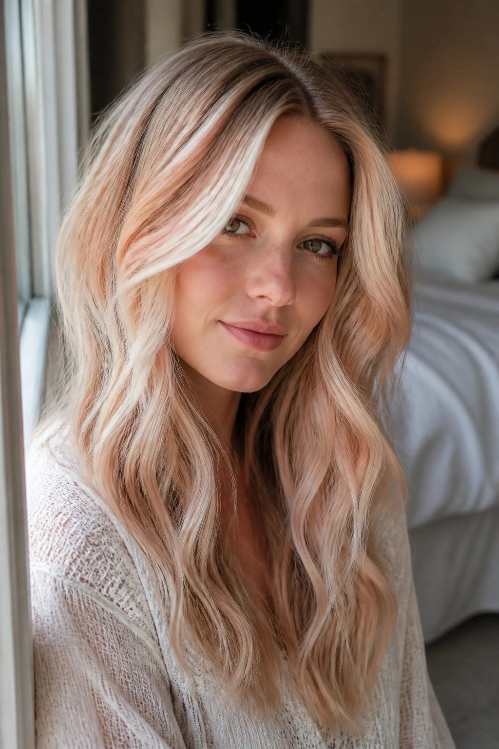 White Veil Balayage with Peach Toner: white veil balayage over peach blonde on real hair.