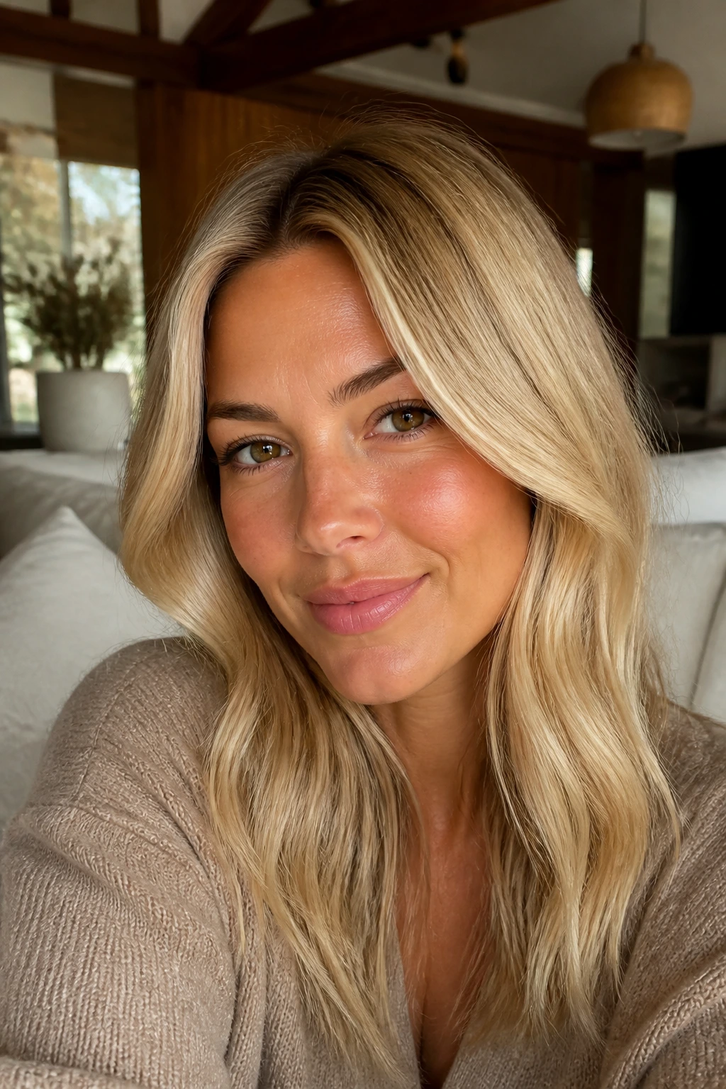 Close-up of a real person with full-head blonde hair on warm skin in a cozy living room.