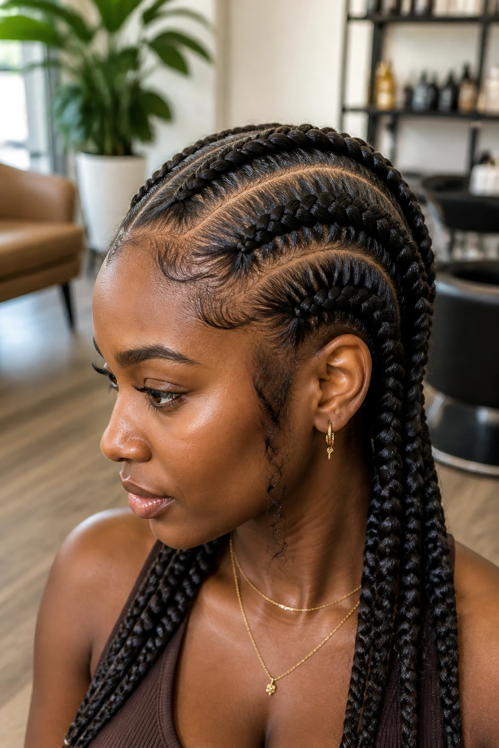 Close-up of a real woman with Dutch braids showing a raised ridge on natural hair.
