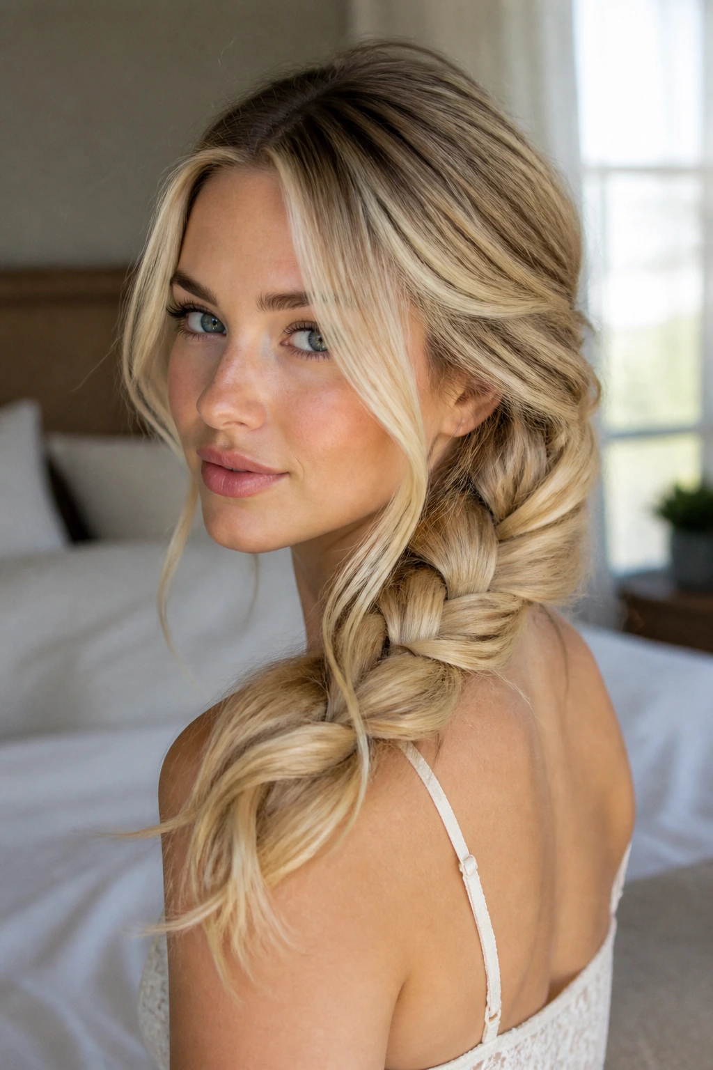 Close-up of a real woman with a wide loose braid and face-framing pieces in sunlit bedroom light