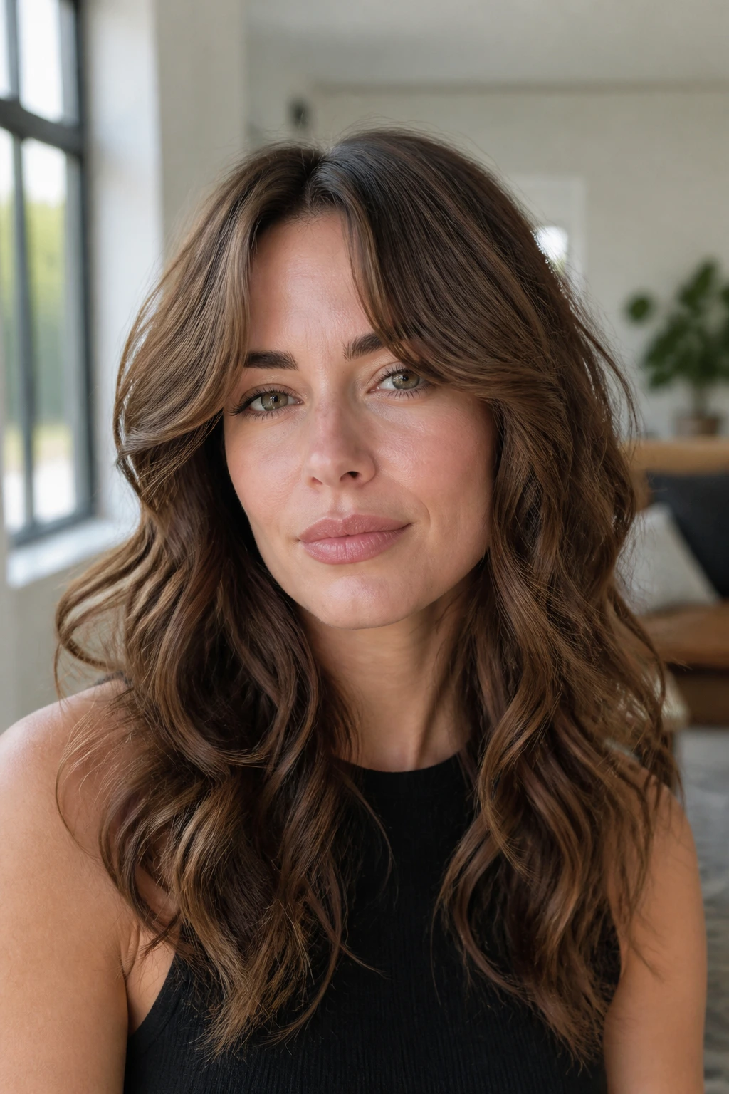 Wide curtain bangs on a real person, open center and forehead space, portrait