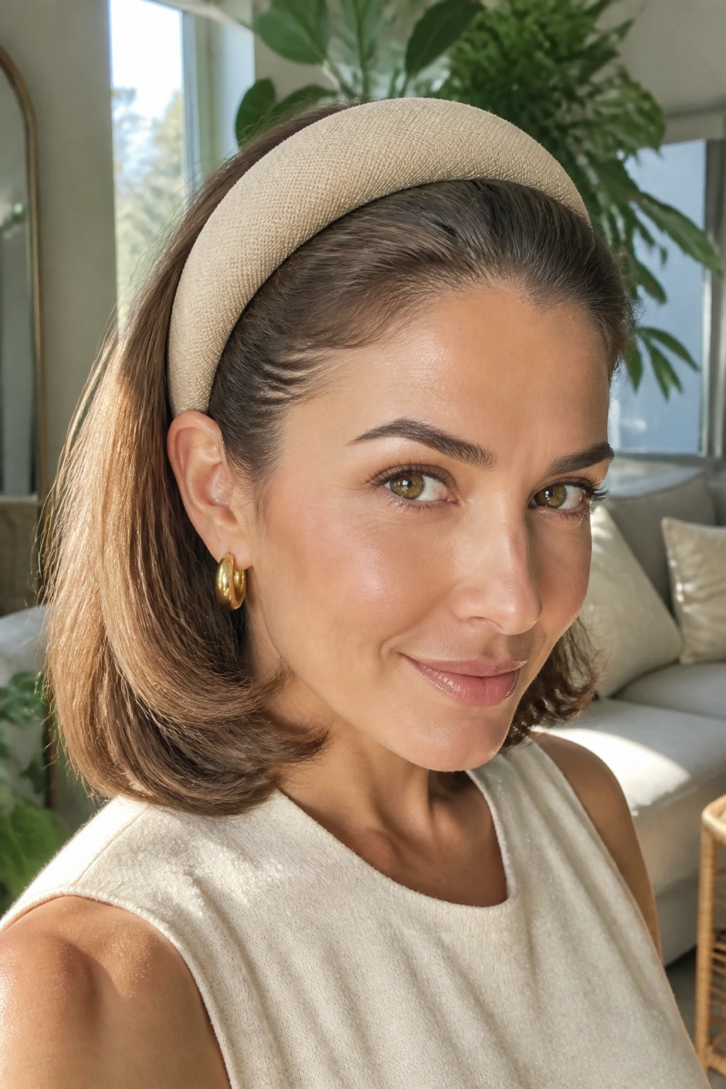 Close-up of a real woman with a wide-headband blowout in a sunlit living room