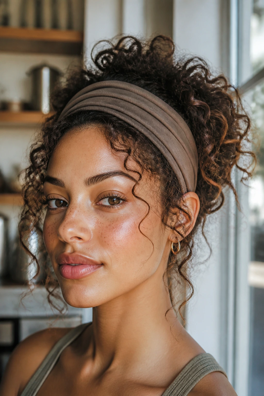 Close-up of a real person wearing a wide headband with loose curly volume around the sides
