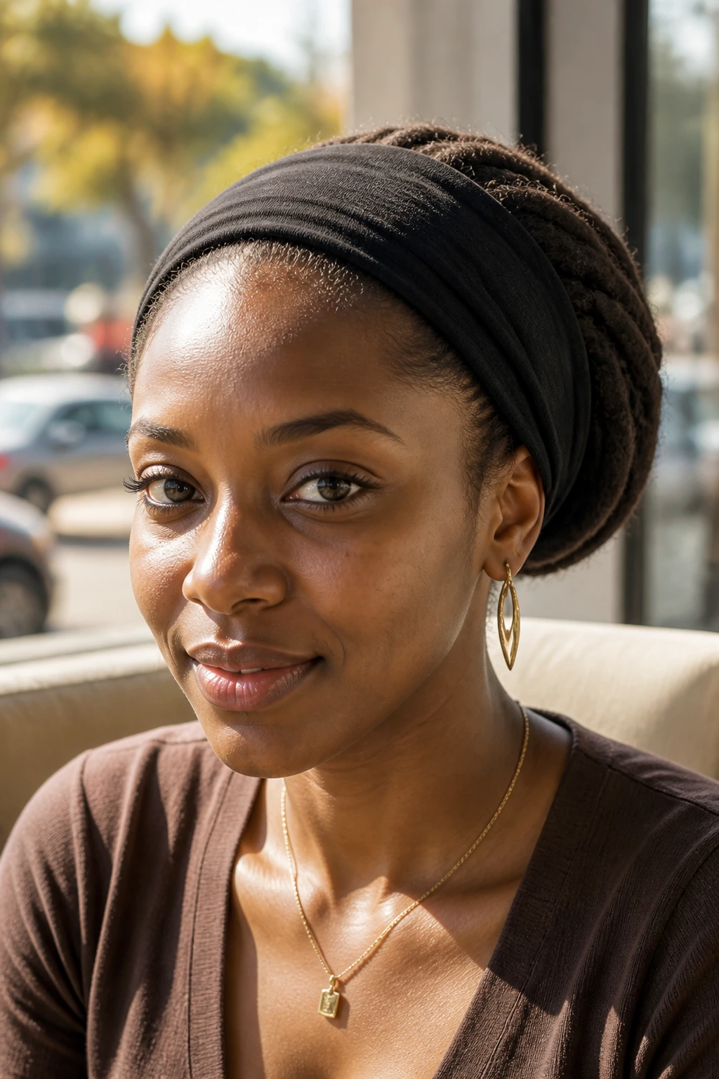 Close-up portrait of a real woman wearing a wide headband with locs tucked behind it.